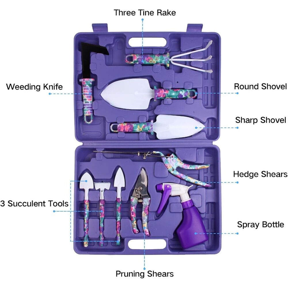 Garden Tools Set 11pc With Carry Case Purple Floral Ergonomic Design